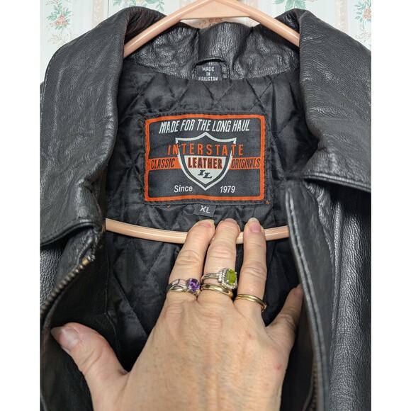Interstate Leather Bomber Jacket MENS SIZE XL black biker quilted lining pockets - Picture 3 of 4